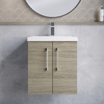 Nuie Arno Wall Hung 2-Door Vanity Unit with Basin-1 500mm Wide - Solace Oak Woodgrain