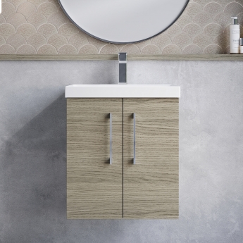 Nuie Arno Wall Hung 2-Door Vanity Unit with Basin-3 500mm Wide - Solace Oak Woodgrain
