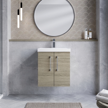 Nuie Arno Wall Hung 2-Door Vanity Unit with Basin-3 500mm Wide - Solace Oak Woodgrain