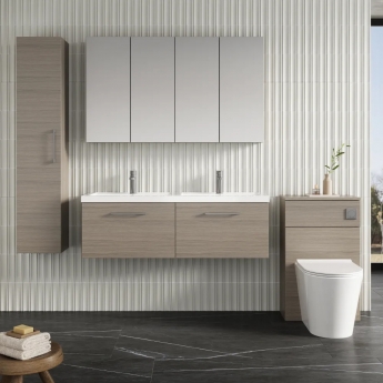 Nuie Arno Wall Hung 2-Drawer Vanity Unit with Double Polymarble Basin 1200mm Wide - Solace Oak Woodgrain