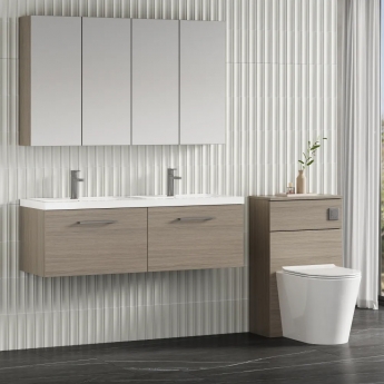 Nuie Arno Wall Hung 2-Drawer Vanity Unit with Double Polymarble Basin 1200mm Wide - Solace Oak Woodgrain