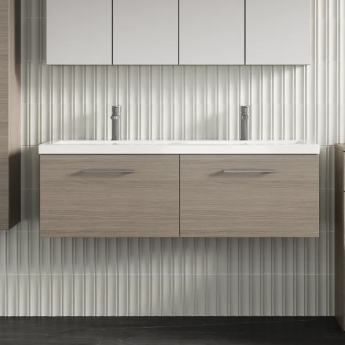 Nuie Arno Wall Hung 2-Drawer Vanity Unit with Double Ceramic Basin 1200mm Wide - Solace Oak Woodgrain