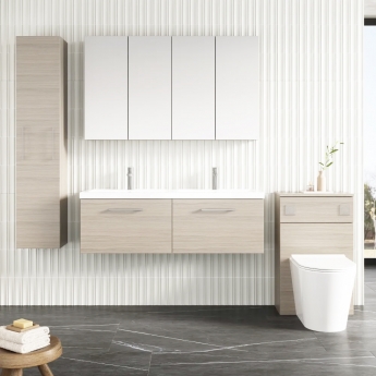 Nuie Arno Wall Hung 2-Drawer Vanity Unit with Double Ceramic Basin 1200mm Wide - Solace Oak Woodgrain