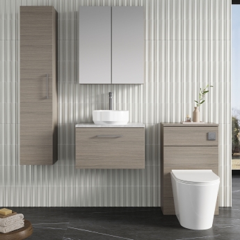 Nuie Arno Wall Hung 1-Drawer Vanity Unit with Bellato Grey Worktop 600mm Wide - Solace Oak Woodgrain | Product Image