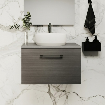 Nuie Arno Wall Hung 1-Drawer Vanity Unit with Bellato Grey Worktop 600mm Wide - Solace Oak Woodgrain