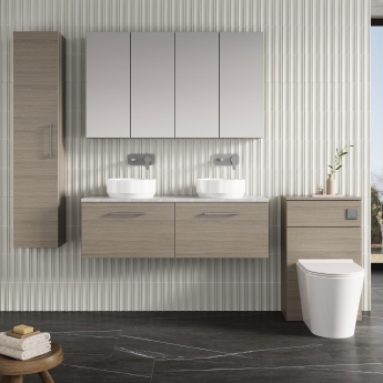 Nuie Arno Wall Hung 2-Drawer Vanity Unit with Bellato Grey Worktop 1200mm Wide - Solace oak | Product Image