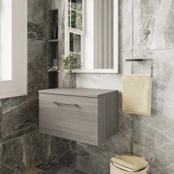Nuie Arno Wall Hung 1-Drawer Vanity Unit with Worktop 600mm Wide - Solace Oak Woodgrain