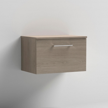 Nuie Arno Wall Hung 1-Drawer Vanity Unit with Worktop 600mm Wide - Solace Oak Woodgrain