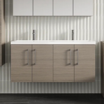 Nuie Arno Wall Hung 4-Door Vanity Unit with Double Ceramic Basin 1200mm Wide - Solace Oak Woodgrain