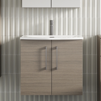 Nuie Arno Wall Hung 2-Door Vanity Unit with Basin-4 600mm Wide - Solace Oak Woodgrain