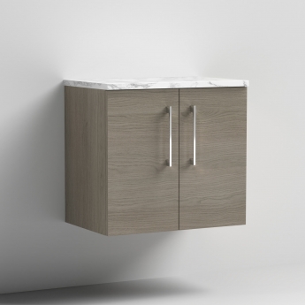 Nuie Arno Wall Hung 2-Door Vanity Unit with Carrera Marble Worktop 600mm Wide - Solace oak | Product Image