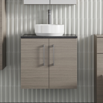 Nuie Arno Wall Hung 2-Door Vanity Unit with Sparkling Black Worktop 600mm Wide - Solace Oak Woodgrain