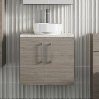 Nuie Arno Wall Hung 2-Door Vanity Unit with Sparkling White Worktop 600mm Wide - Solace Oak Woodgrain