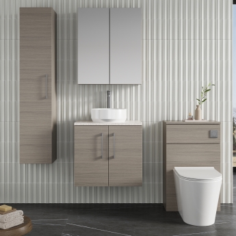 Nuie Arno Wall Hung 2-Door Vanity Unit with Sparkling White Worktop 600mm Wide - Solace Oak Woodgrain