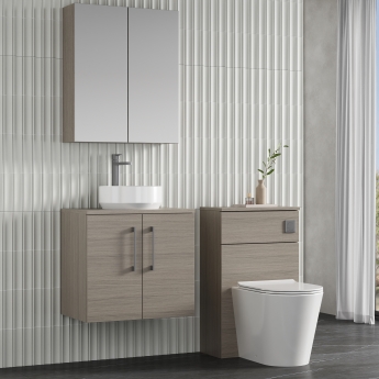 Nuie Arno Wall Hung 2-Door Vanity Unit with Worktop 600mm Wide - Solace Oak Woodgrain