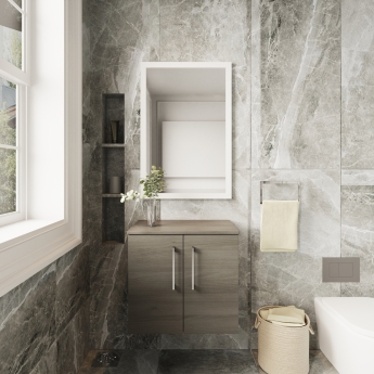 Nuie Arno Wall Hung 2-Door Vanity Unit with Worktop 600mm Wide - Solace Oak Woodgrain