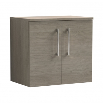 Nuie Arno Wall Hung 2-Door Vanity Unit with Worktop 600mm Wide - Solace Oak Woodgrain