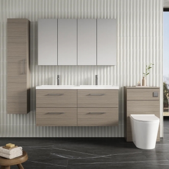 Nuie Arno Wall Hung 4-Drawer Vanity Unit with Double Polymarble Basin 1200mm Wide - Solace Oak Woodgrain