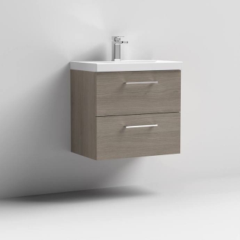 Nuie Arno Wall Hung 2-Drawer Vanity Unit with Basin-3 600mm Wide - Solace Oak Woodgrain