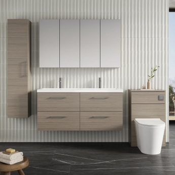 Nuie Arno Wall Hung 4-Drawer Vanity Unit with Double Ceramic Basin 1200mm Wide - Solace Oak Woodgrain