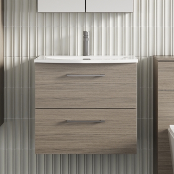 Nuie Arno Wall Hung 2-Drawer Vanity Unit with Basin-4 600mm Wide - Solace Oak Woodgrain