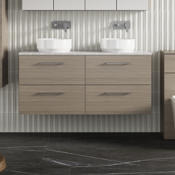 Nuie Arno Wall Hung 4-Drawer Vanity Unit with Bellato Grey Worktop 1200mm Wide - Solace Oak | Product Image