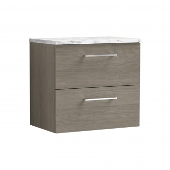Nuie Arno Wall Hung 2-Drawer Vanity Unit with Carrera Marble Worktop 600mm Wide - Solace oak | Product Image
