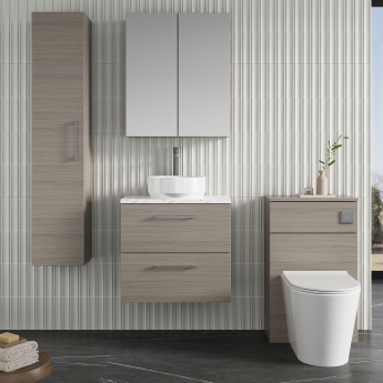 Nuie Arno Wall Hung 2-Drawer Vanity Unit with Carrera Marble Worktop 600mm Wide - Solace oak | Product Image