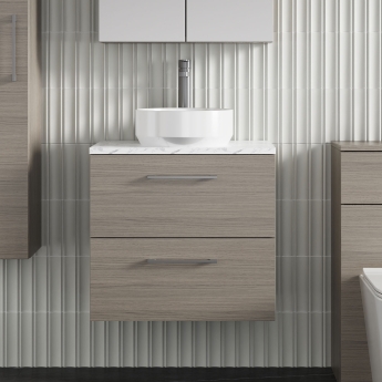Nuie Arno Wall Hung 2-Drawer Vanity Unit with Carrera Marble Worktop 600mm Wide - Solace oak | Product Image