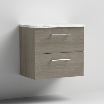 Nuie Arno Wall Hung 2-Drawer Vanity Unit with Carrera Marble Worktop 600mm Wide - Solace oak | Product Image