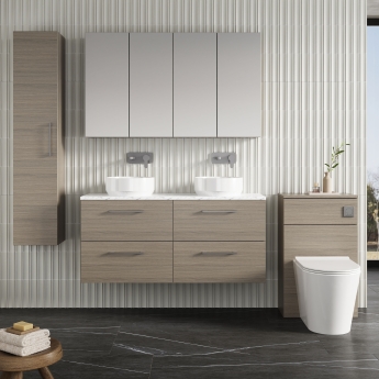 Nuie Arno Wall Hung 4-Drawer Vanity Unit with Carrera Marble Worktop 1200mm Wide - Solace Oak | Product Image