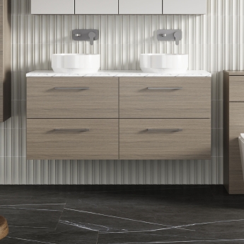 Nuie Arno Wall Hung 4-Drawer Vanity Unit with Carrera Marble Worktop 1200mm Wide - Solace Oak | Product Image