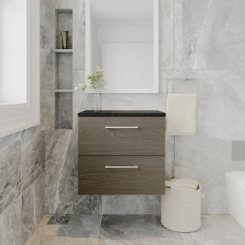Nuie Arno Wall Hung 2-Drawer Vanity Unit with Sparkling Black Worktop 600mm Wide - Solace Oak Woodgrain