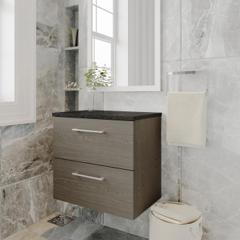 Nuie Arno Wall Hung 2-Drawer Vanity Unit with Sparkling Black Worktop 600mm Wide - Solace Oak Woodgrain