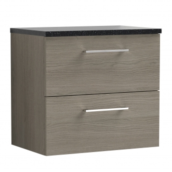 Nuie Arno Wall Hung 2-Drawer Vanity Unit with Sparkling Black Worktop 600mm Wide - Solace Oak Woodgrain