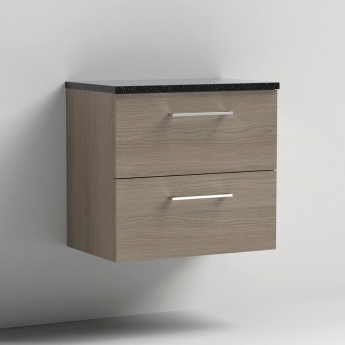 Nuie Arno Wall Hung 2-Drawer Vanity Unit with Sparkling Black Worktop 600mm Wide - Solace Oak Woodgrain