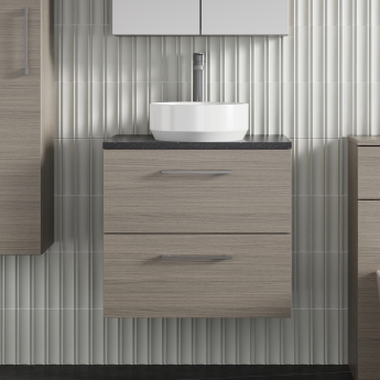Nuie Arno Wall Hung 2-Drawer Vanity Unit with Sparkling Black Worktop 600mm Wide - Solace Oak Woodgrain