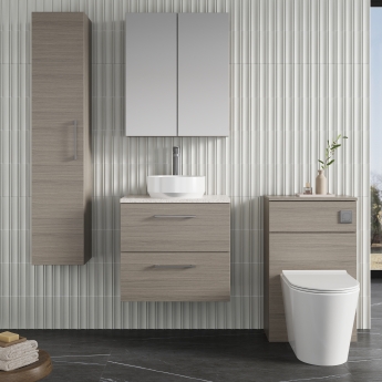 Nuie Arno Wall Hung 2-Drawer Vanity Unit with Sparkling White Worktop 600mm Wide - Solace Oak Woodgrain