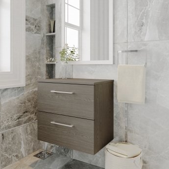 Nuie Arno Wall Hung 2-Drawer Vanity Unit with Worktop 600mm Wide - Solace Oak Woodgrain
