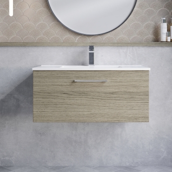 Nuie Arno Wall Hung 1-Drawer Vanity Unit with Basin-2 800mm Wide - Solace Oak Woodgrain