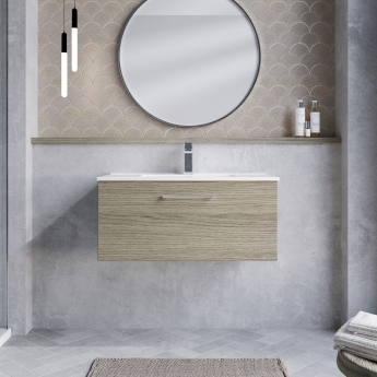 Nuie Arno Wall Hung 1-Drawer Vanity Unit with Basin-2 800mm Wide - Solace Oak Woodgrain | Product Image