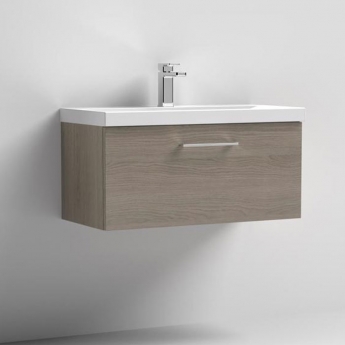 Nuie Arno Wall Hung 1-Drawer Vanity Unit with Basin-3 800mm Wide - Solace Oak Woodgrain