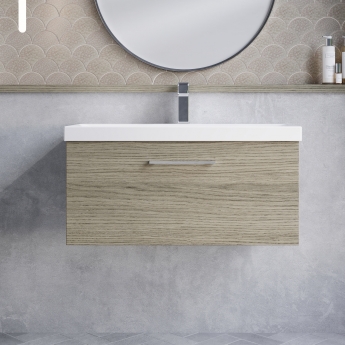 Nuie Arno Wall Hung 1-Drawer Vanity Unit with Basin-3 800mm Wide - Solace Oak Woodgrain