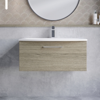 Nuie Arno Wall Hung 1-Drawer Vanity Unit with Basin-4 800mm Wide - Solace Oak Woodgrain