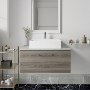 Nuie Arno Wall Hung 1-Drawer Vanity Unit with Bellato Grey Worktop 800mm Wide - Solace Oak Woodgrain