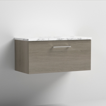 Nuie Arno Wall Hung 1-Drawer Vanity Unit with Carrera Marble Worktop 800mm Wide - Solace Oak Woodgrain | Product Image