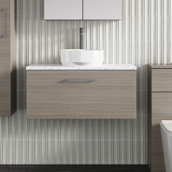 Nuie Arno Wall Hung 1-Drawer Vanity Unit with Carrera Marble Worktop 800mm Wide - Solace Oak Woodgrain | Product Image