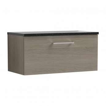 Nuie Arno Wall Hung 1-Drawer Vanity Unit with Sparkling Black Worktop 800mm Wide - Solace Oak Woodgrain