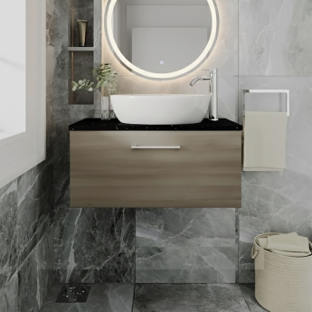 Nuie Arno Wall Hung 1-Drawer Vanity Unit with Sparkling Black Worktop 800mm Wide - Solace Oak Woodgrain
