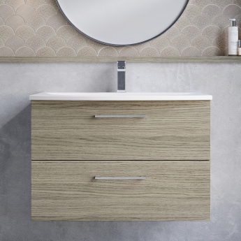 Nuie Arno Wall Hung 2-Drawer Vanity Unit with Basin-4 800mm Wide - Solace Oak Woodgrain